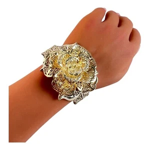 Chunky Large Bohemian Articulated 3D Floral Silver Tone Filigree Cuff Bracelet - Picture 1 of 5