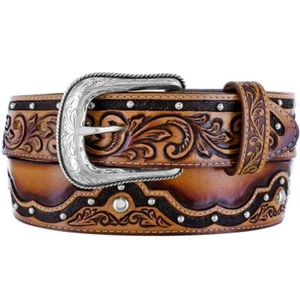 Tony Lama Western Mens Belt Leather Alamo Embossed Floral Studded Tan C42544 - Picture 1 of 3