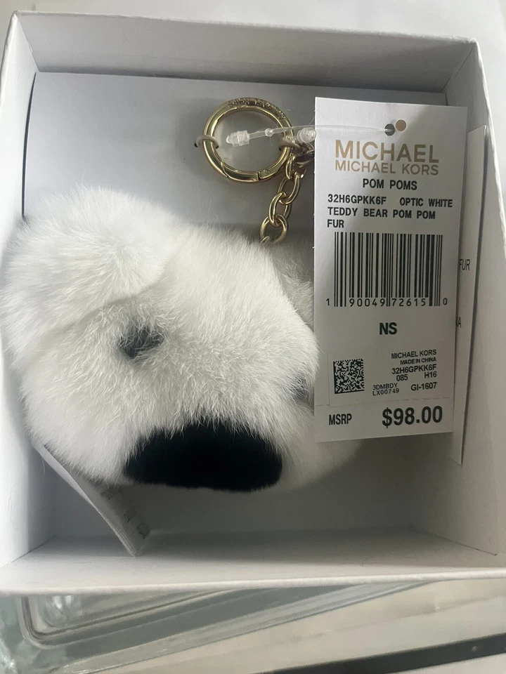 Chaveiro Michael Kors ursinho de pelúcia Pom corrente de pele branco novo com etiquetas $98 descontinuado - Imagem 1 de 4