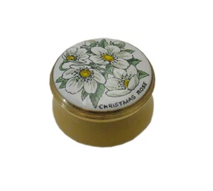 English Handpainted Round Enamel box with Lift off lid- Christmas Rose December - Picture 1 of 3