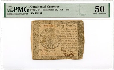 Continental Currency Fr#CC-84 September 26, 1778 $40 PMG AU-50 - Image 1 of 2