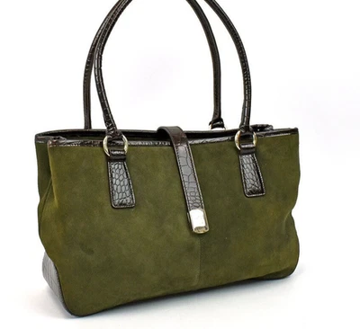 Bolso de Mano Vintage Ralph Lauren Gamuza Cartera Cuero Caqui Hombro Boston Mujeres Foto 1 de 4