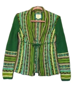 Vecchio cardigan blu navy maglione donna cravatta media davanti boho righe azteche Fair Isle verde  - Foto 1 di 7