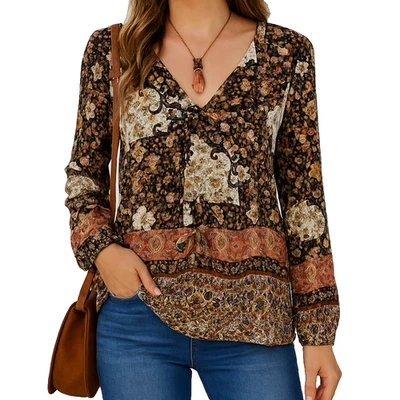 Christian Siriano Womens L Boho Patchwork Floral Print Blouse V-Neck Long Sleeve - Image 1 of 4