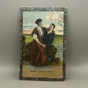 Antique Postcard Valentines Golden Days of Love Couple Hugging Shore Theochrom - Picture 1 of 2