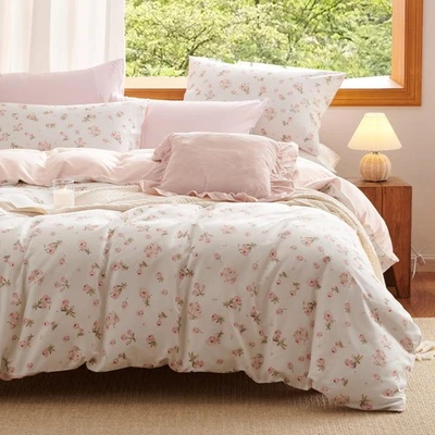 Pink Floral Duvet Cover Queen Size Reversible Spring Cottagecore Bedding Set ... - Image 1 of 4