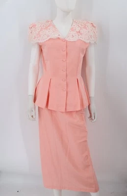 Terno saia jaqueta pêssego vintage duas peças Watters & Watters feminino 10 - Imagem 1 de 4