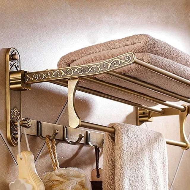 Aluminum Foldable Antique Brass Bath Towel Rack Active Bathroom Towel Holder Dou - Image 1 of 4