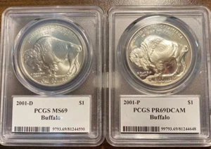 2001-P & 2001-D American Buffalo Silver Dollar Set PCGS MS 69 & PROOF 69 DCAM - Picture 1 of 1
