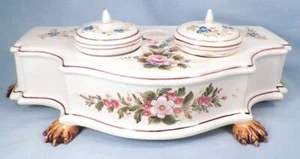 Desk Set 2 Inkwells Pen Holder Ceramic Flowers Italy Claw Feet Andrea by Sadek - Picture 1 of 12