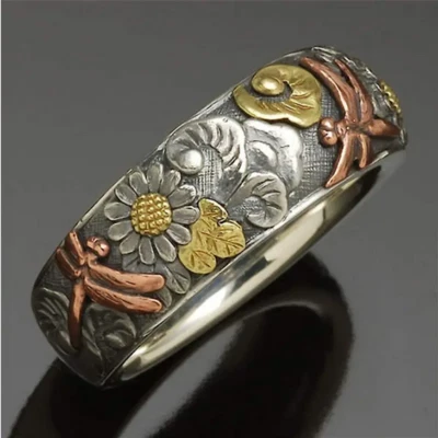 Dragonfly Flowers Stainless Ring Band Floral Nature Jewelry 3-Tone - Image 1 of 3