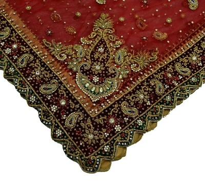 Vintage Heavy Red Dupatta Net Mesh Long Stole Hand Embroidered Scarves Veil Zari - Image 1 of 4