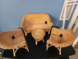 Wicker Doll Furniture Bench, 2 Chairs, And Table 4 Pcs 18" Doll compatible - Picture 1 of 23