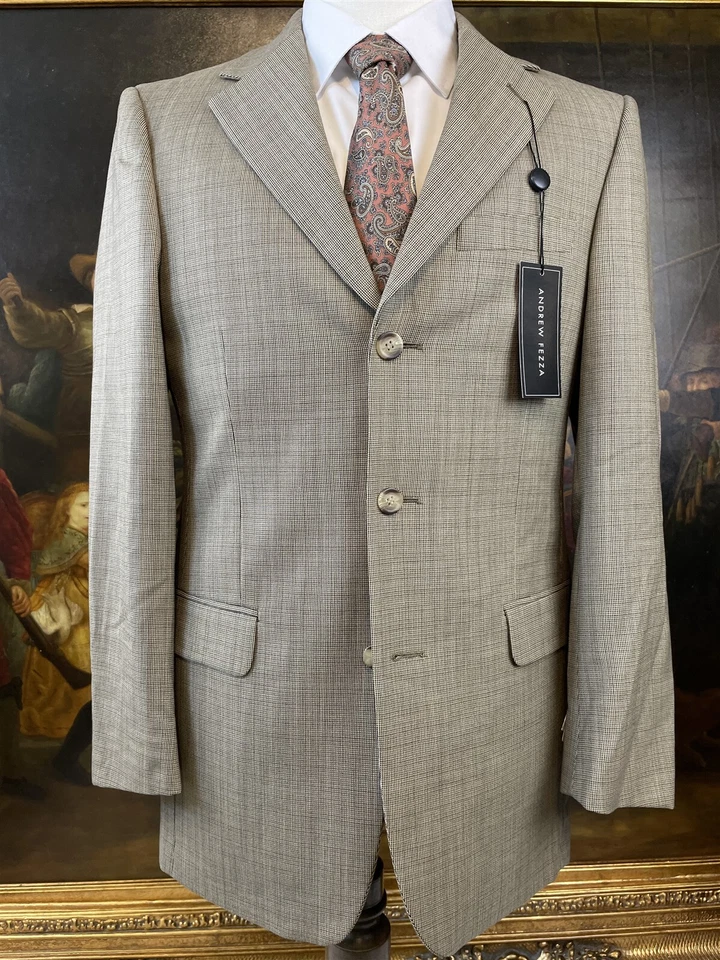 Blazer Andrew Fezza 36R Lana Worsted Beige Azul Marrón Micro Estampado 3Btn Nuevo con Etiquetas Foto 1 de 4