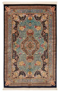 Qom Seta Tappeto Persiano Annodato a Mano 225x150 cm-Ghom, Oriente, Tappeto, Blu - Picture 1 of 11