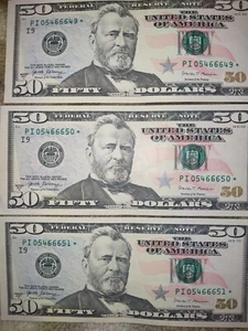 (3) Sequential 2017 A Fifty Dollar $50 Bill Federal Reserve Star Note crisp - Picture 1 of 1