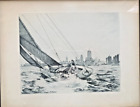 Original etching Leon Pescheret 1937 Chicago art deco signed skyline from lake