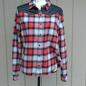 Forever 21Plaid Flannel With Faux Leather Trim Long Sleeve Shirt Size Large - Picture 1 of 6