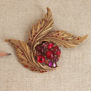 Broche Disfraz Oscar de la Renta Vintage Multi Piedra Cabujón Pluma Hoja Dorado - Imagen 1 de 23