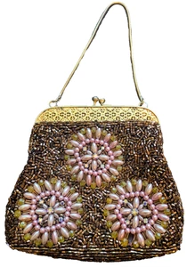 Vintage Beaded Evening Bag Copper Floral Starburst Clutch Purse Handbag - Picture 1 of 9