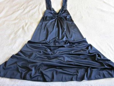 Vintage Long Silky Black Nylon Gown M Fitted Lacy Bodice Keyhole Henson - Image 1 of 4