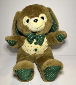 Vintage MTY International Brown Puppy Dog Plush Green Ears Paws Bow Tie - Picture 1 of 7