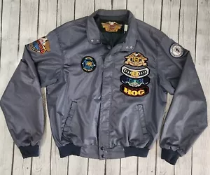 VTG 90s RARE Harley Davidson XL Windbreaker Bomber Jacket HOG Patch Gray/Blue - Picture 1 of 16