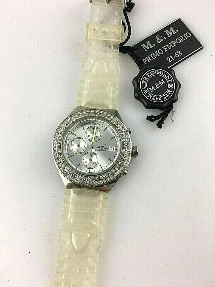OROLOGIO M&M PRIMO EMPORIO 21-68 CHRONO QUARZO CASSA STRASS 41MM NON FUNZIONA - Immagine 1 di 1