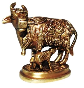 MULTISTORE ENTERPRISES Hand Made Brass Golden Kamdhenu Cow with Vastu Nandi Puja - Picture 1 of 3