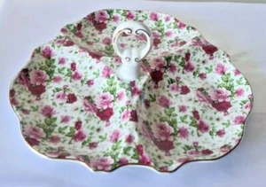 Vintage Jay Imports Tidbit Tray with Handle & Pink Gold Rose Design - Picture 1 of 9