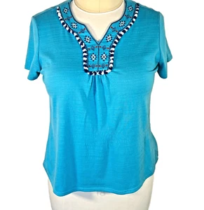 Ruby Rd. - Damen L Bluse blau Kerbausschnitt Kurzarm Tribal Ausschnitt Stretch - Bild 1 von 11