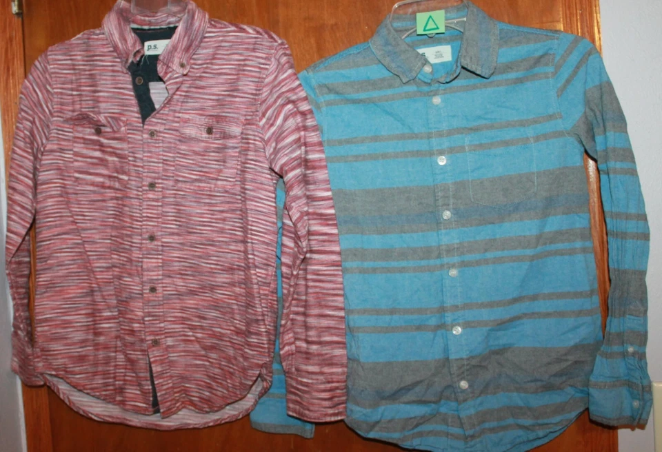 LOT OF 2 * P.S. Boys' Large BUTTON-UP SHIRTS (long-sleeve; red & blue/gray) EUC - Image 1 of 1