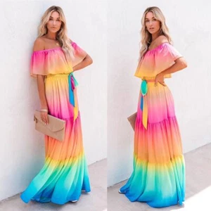 Vestido Columpio Plisado con Volantes S-2XL Mujer Hombro Descubierto Maxi Vestido Color Arco Iris - Imagen 1 de 29