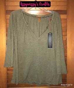 Anama Dark Army Green Peasant Blouse NWT Sz L V Neck 3/4 Sleeves Lightweight - Picture 1 of 4