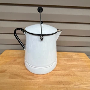 Cowboy Coffee Pot White Enamel With With Lid And Wood Grip Handle 11 inches Tall - Picture 1 of 8