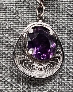 Vintage Sterling Signed Spun Filigree Circle Amethyst Pendant for Necklace - Picture 1 of 9