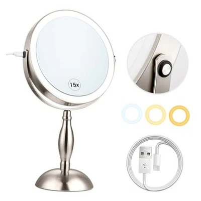Освещенное зеркало для макияжа с увеличением, 15-кратные никелевые лампы 15-кратный матовый никель - Изображение 1 из 4
