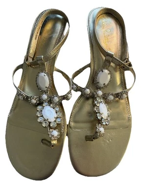 Lilly Pulitzer KATELYN Embellished Wedge Metallic Gold Sandals White 8.5 - Image 1 of 4