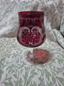 Antiker rubinroter Kristall graviert Säure geätzt Kelch Böhmen - Bild 1 von 8