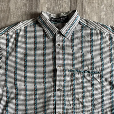 JHANE BARNES Shirt Mens Large Blue Gray Striped Woven Button Down Long Sleeve - Image 1 of 4