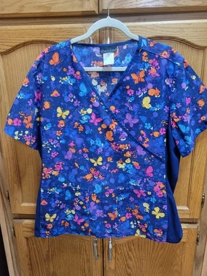 Ladies Blue Butterfly Scrub Top By Cherokee.  Side Stretch Panels Sz 2X CLEAN!! - Image 1 of 4