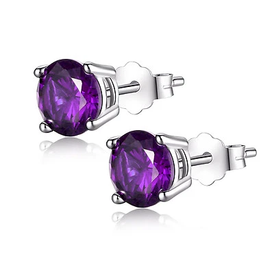 Sterling Silver Round Shaped Simulated Amethyst Stud Earrings Gifts for Girl Her - Image 1 of 3