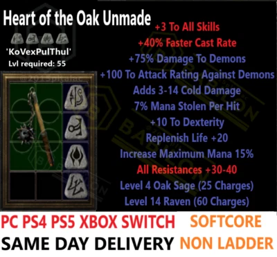 ✅ PC PS4 PS5 XBOX SWITCH ✅ Heart Of The Oak HOTO Diablo 2 Resurrected Items D2R - Image 1 of 2