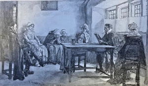 1884 Vintage Zeitschrift Illustration Die Bibellesung von E. A. Abbey - Bild 1 von 2