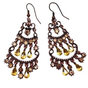 Women's Chandelier Earrings Copper Tone Metal And Citrine Tone Crystals 2.75"