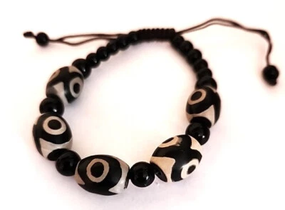 TIBETAN DZI BEADS BLACK ONYX  BRACELET LUCKY EYE BROWN 7" ~ 11"  Lot 1709 - Image 1 of 2