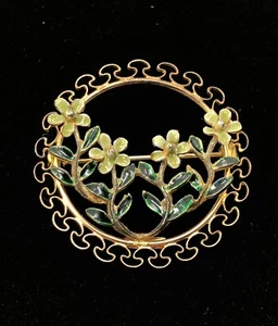 Broche broche corona flor esmalte Vermeil oro esterlina vintage BEAU - Imagen 1 de 7