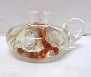 Joe St.Clair Blown Glass Candlestick Candle Stick Holder - Amber / White Flowers - Picture 1 of 9