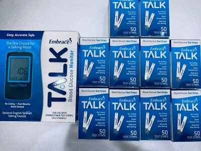 Embrace TALK Blood Glucose Test Strips 500 Qty plus Free Meter.  EXP 02/2027 - Image 1 of 4