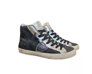 Philippe Model Metallic Silver Black High Top Textured Leather Sneaker Size 7 - Picture 1 of 9